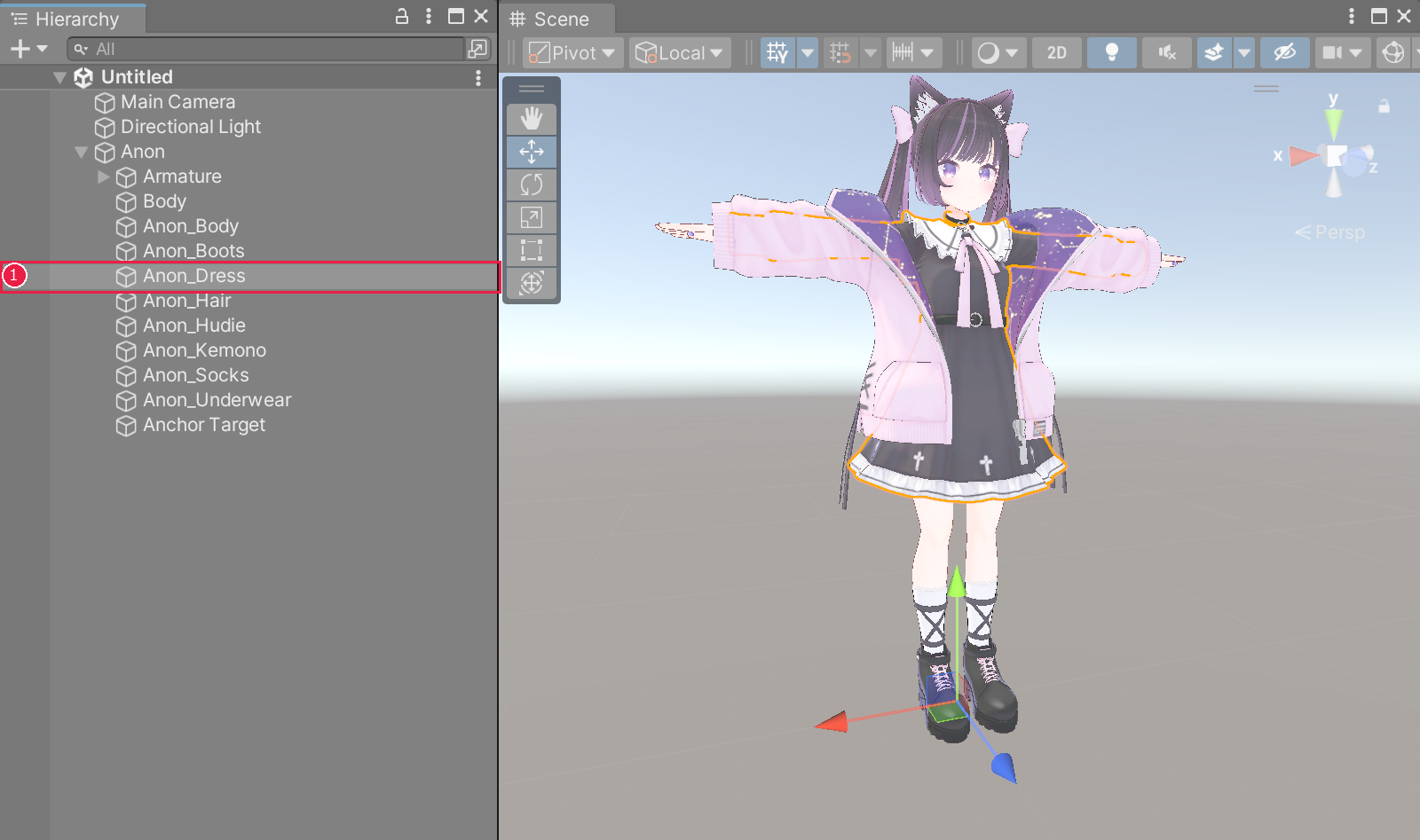 ヒエラルキーで服の行を選んだところ。赤い枠が服の行を囲んでいる