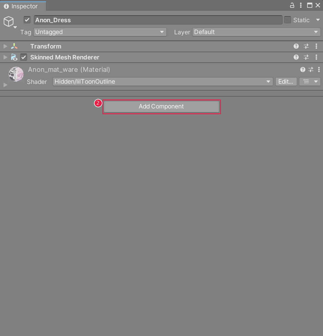 インスペクターの下にある Add Component のボタンが赤い枠で囲まれている