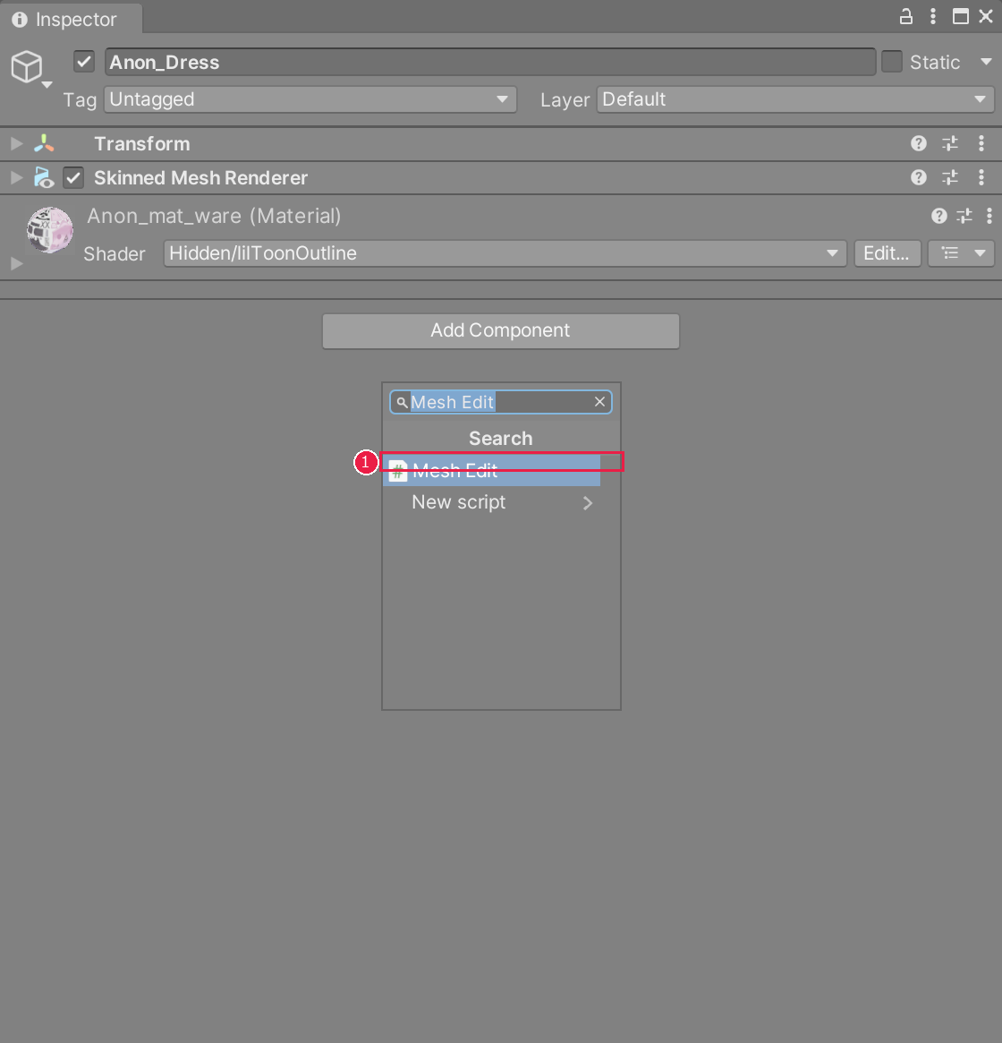 Add Component の検索欄に Mesh Edit と入れたところ。一覧の Mesh Edit が赤い枠で囲まれている
