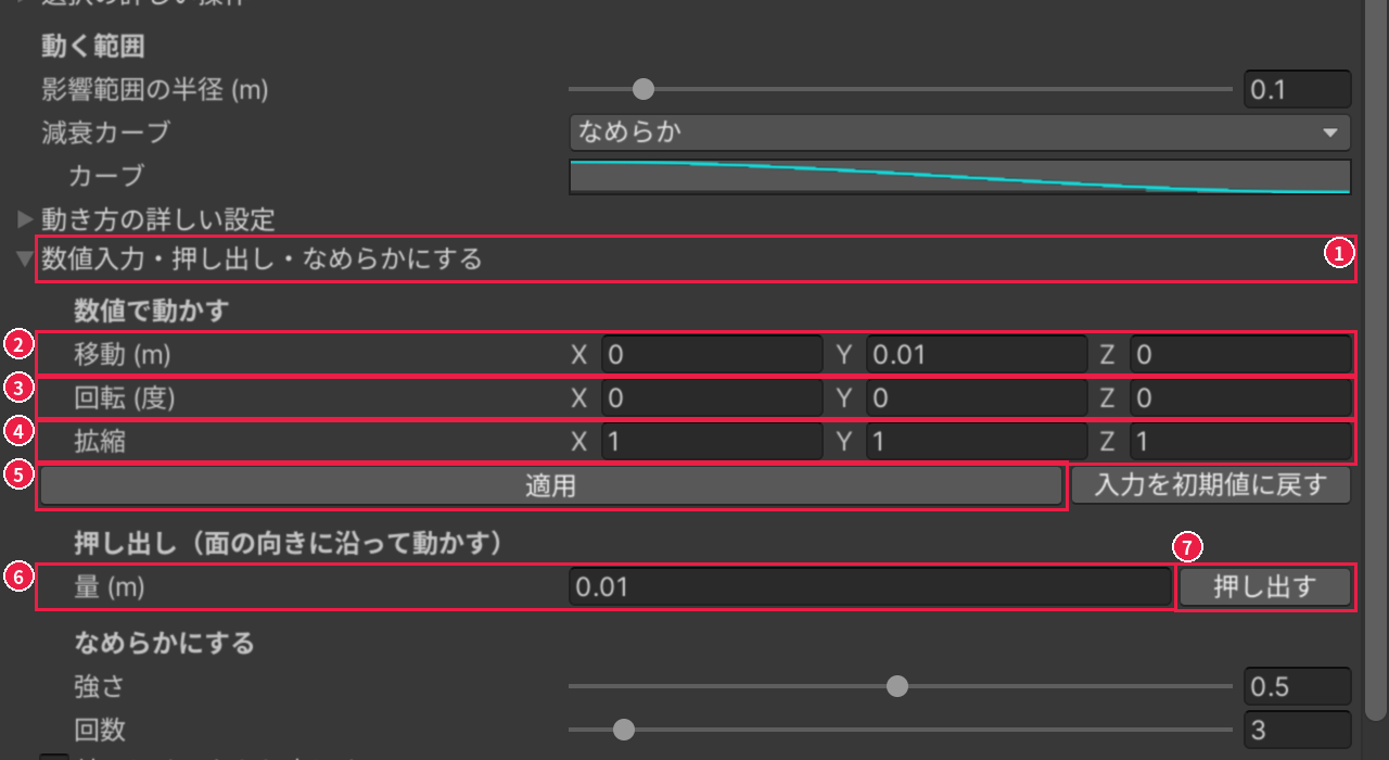 頂点タブの［数値入力・押し出し・なめらかにする］を開いたところ。移動、回転、拡縮、適用、量、押し出すが、1〜7 の番号と赤い枠で囲まれている