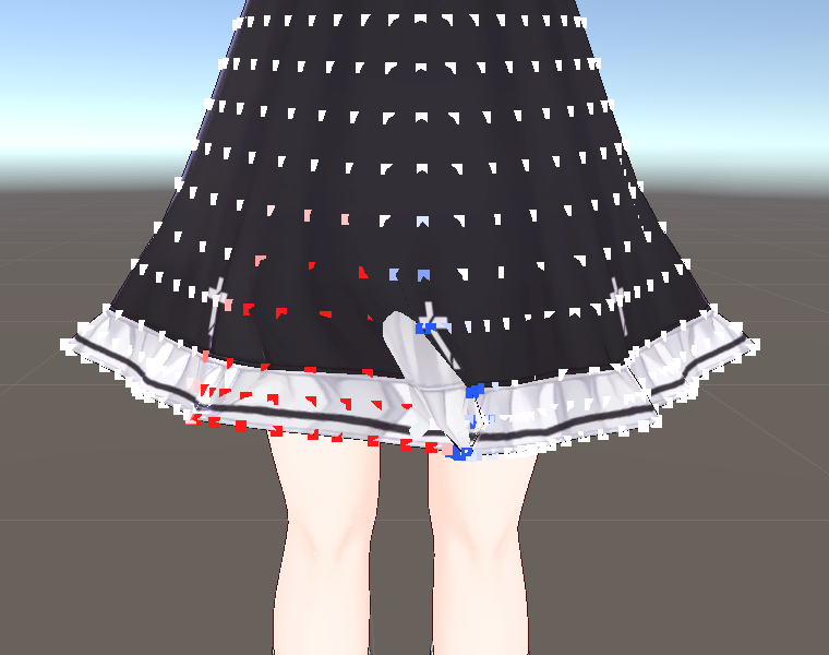 ブラシで引いてとがった裾に、伸びの色を出した図。引いた所のまわりに赤い点が並び、とがった先は青い点